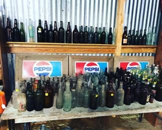Antique Glass Bottles of all Variety. Vintage Large Pepsi Signs.