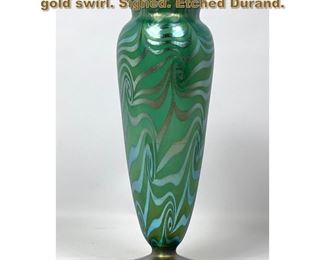 Lot 1703 DURAND Art glass vase. Green with gold swirl. Signed. Etched Durand. 
