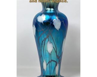 Lot 1705 Quezal Art glass vase. Blue vine and heart. Signed. 
