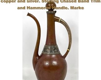 Lot 1708 GORHAM hand hammered pitcher copper and silver. Sterling Chased Band Trim and Hammered Handle. Marke