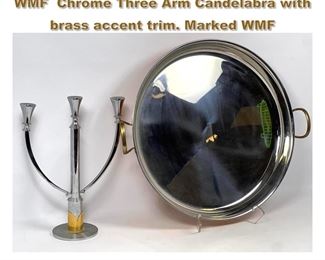 Lot 1717 2pc Metal Modern Design Lot. 1 WMF Chrome Three Arm Candelabra with brass accent trim. Marked WMF 