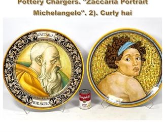 Lot 1728 2pc DERUTA Italian Faience Glazed Pottery Chargers. Zaccaria Portrait Michelangelo. 2. Curly hai