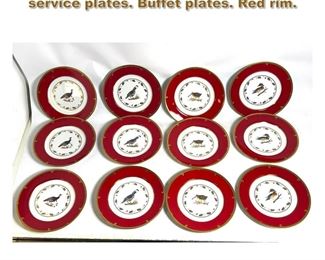 Lot 1744 12 LYNN CHASE Winter bird games service plates. Buffet plates. Red rim. 