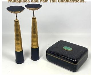 Lot 1745 3pc Lot. Stone Inlaid Box made in Philippines and Pair Tall Candlesticks. 
