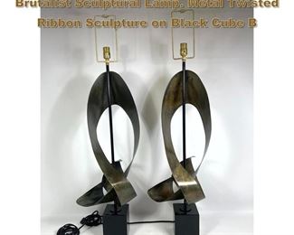 Lot 1771 Pr HARRY BALMER for LAUREL Brutalist Sculptural Lamp. Metal Twisted Ribbon Sculpture on Black Cube B