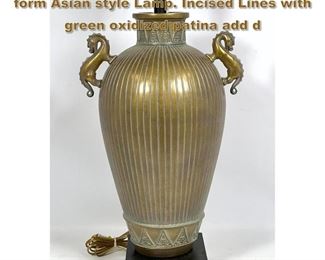 Lot 1776 Dragon Handled Gilt Metal Vase form Asian style Lamp. Incised Lines with green oxidized patina add d