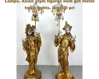 Lot 1784 Pr ARP Gilt Asian Figural Floor Lamps. Asian style figures hold gilt metal torch lights. Crystal pri