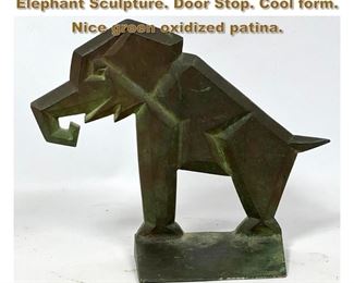 Lot 1800 ART MODERNE Bronze Figural Elephant Sculpture. Door Stop. Cool form. Nice green oxidized patina.