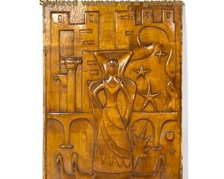Lot 1805 Italian carved wood Panel. 1950s. Stylized woman on a gondola.