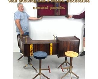 Lot 1813 Italian Modern 60 s dry bar with wall shelving and 2 stools. Decorative enamel panels. 