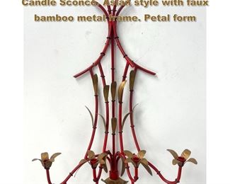 Lot 1815 Red and Gilt Trim Toleware Wall Candle Sconce. Asian style with faux bamboo metal frame. Petal form 