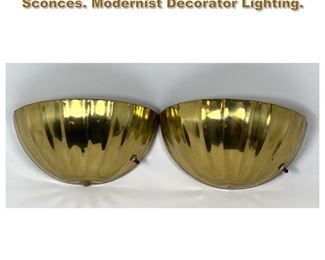 Lot 1818 Pr Half Round Fluted Brass Wall Sconces. Modernist Decorator Lighting. 