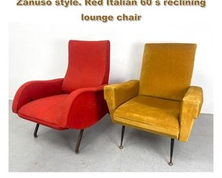 Lot 1821 2pc Italian 50 s lounge chairs Zanuso style. Red Italian 60 s reclining lounge chair