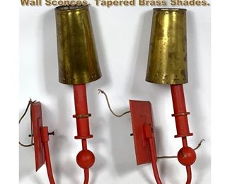 Lot 1822 Pr Cinnabar Red Painted Decorator Wall Sconces. Tapered Brass Shades. 