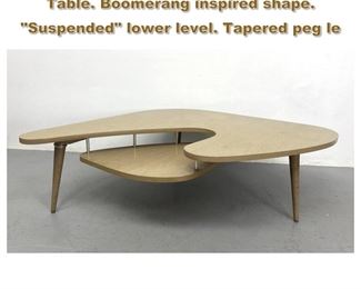 Lot 1826 Mid Century Modern Two Tier Table. Boomerang inspired shape. Suspended lower level. Tapered peg le