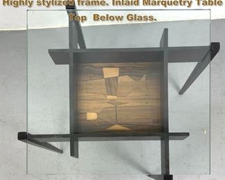 Lot 1841 Italian Modern style Coffee Table. Highly stylized frame. Inlaid Marquetry Table Top Below Glass. 