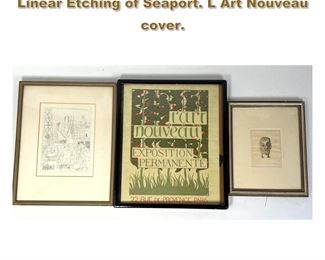 Lot 1848 3pc Modern Framed Art. Owl Print. Linear Etching of Seaport. L Art Nouveau cover. 