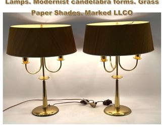 Lot 1853 Tommi Parzinger inspired Brass Lamps. Modernist candelabra forms. Grass Paper Shades. Marked LLCO