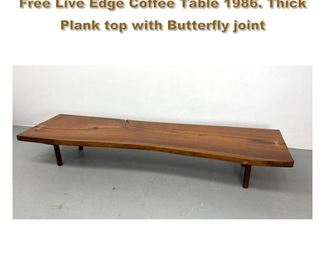 Lot 1866 8ft LEWIS LARASON Custom Made Free Live Edge Coffee Table 1986. Thick Plank top with Butterfly joint