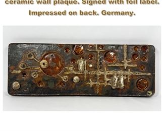 Lot 1888 Brown SCHAFFENACKER Pottery ceramic wall plaque. Signed with foil label. Impressed on back. Germany.