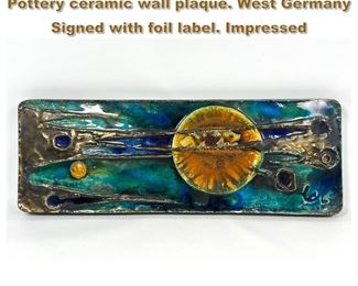 Lot 1890 Blue green SCHAFFENACKER Pottery ceramic wall plaque. West Germany Signed with foil label. Impressed