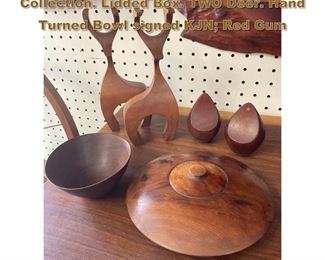 Lot 1895 6pc Artisan Hand Crafted Wood Collection. Lidded Box. TWO Deer. Hand Turned Bowl signed KJN Red Gum