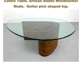 Lot 1914 Laminated Wood Base Glass Top Coffee Table. Artisan Studio Woodworker Made. Guitar pick shaped top.