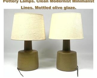 Lot 1924 Pr MARTZ for MARSAHLL STUDIOS Pottery Lamps. Clean Modernist Minimalist Lines. Mottled olive glaze. 