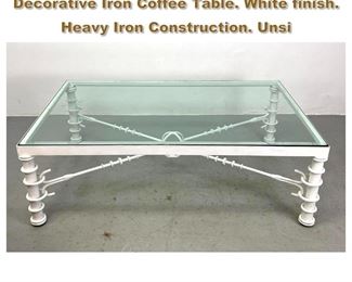 Lot 1928 Giacometti Style Glass Top Decorative Iron Coffee Table. White finish. Heavy Iron Construction. Unsi
