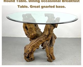 Lot 1932 Natural Driftwood Base Glass Top Round Table. Dining occasional Breakfast Table. Great gnarled base.