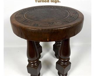 Lot 1939 Spanish Tooled Leather stool. Turned legs. 