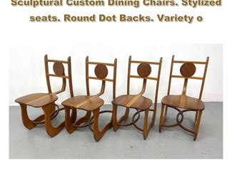 Lot 1945 Set 4 Studio Wood Worker Sculptural Custom Dining Chairs. Stylized seats. Round Dot Backs. Variety o