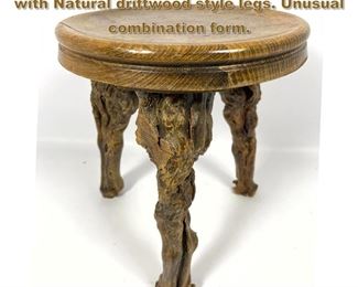 Lot 1965 Small Low Round Stool. Wood top with Natural driftwood style legs. Unusual combination form. 