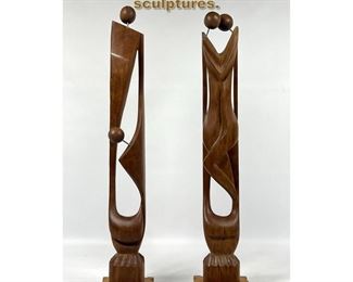 Lot 1968 Pair Abstract Modern Wood figural sculptures. 