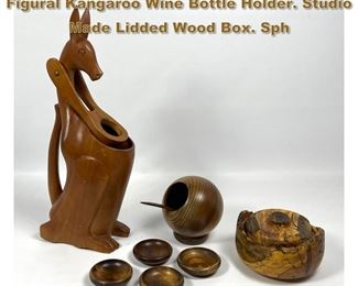 Lot 1974 Collection Modernist Wood Lot. Figural Kangaroo Wine Bottle Holder. Studio Made Lidded Wood Box. Sph