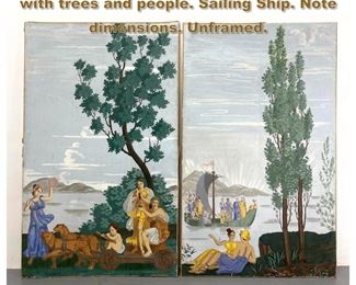 Lot 1985 Pr Coastal Paintings. Shoreline with trees and people. Sailing Ship. Note dimensions. Unframed.