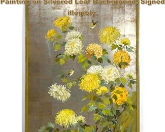 Lot 1986 Signed Modernist Floral Mums Painting on Silvered Leaf Background. Signed illegibly.