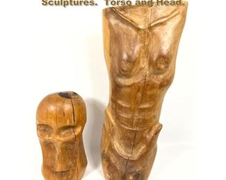 Lot 1996 2pcs Vintage Artist Carved Wood Sculptures. Torso and Head. 