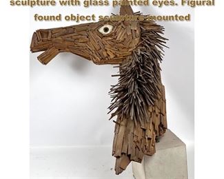 Lot 2033 1960s wood chip horse head sculpture with glass painted eyes. Figural found object sculpture mounted