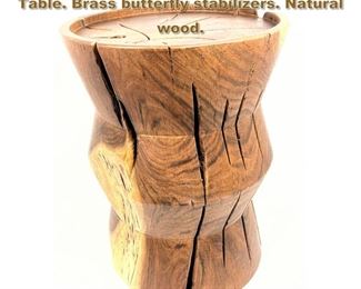 Lot 2036 Heavy Solid Wood Pedestal Side Table. Brass butterfly stabilizers. Natural wood. 