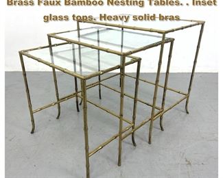 Lot 2043 3pc MAISON BAGUES attributed Brass Faux Bamboo Nesting Tables. . Inset glass tops. Heavy solid bras