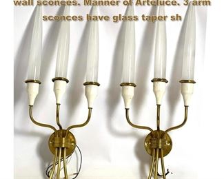 Lot 2045 Pr 1950s brass and glass Italian wall sconces. Manner of Arteluce. 3 arm sconces have glass taper sh