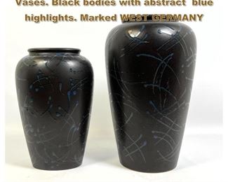 Lot 2057 2pc West German Art Pottery Vases. Black bodies with abstract blue highlights. Marked WEST GERMANY