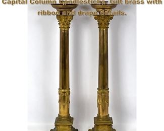 Lot 2058 Pr 32 Continental Corinthian Capital Column Candlesticks. Gilt brass with ribbon and drape details.