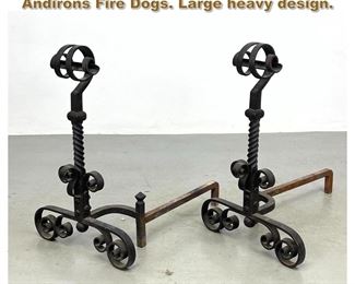 Lot 2062 Pair Heavy Scroll Design Iron Andirons Fire Dogs. Large heavy design. 