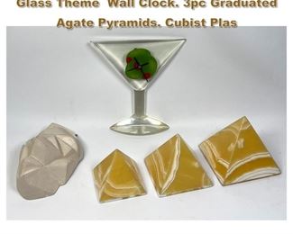 Lot 2066 5pc Modernist Design Lot. Martini Glass Theme Wall Clock. 3pc Graduated Agate Pyramids. Cubist Plas