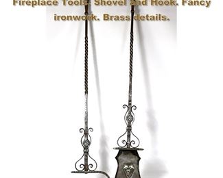 Lot 2085 2pc Antique Large Wrought Iron Fireplace Tools. Shovel and Hook. Fancy ironwork. Brass details. 