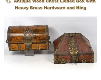 Lot 2086 2pc Antique Wood Chests Boxes. 1. Antique Wood Chest Lidded Box with Heavy Brass Hardware and Hing