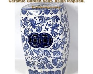 Lot 2102 Blue Decorated Glazed Pottery Ceramic Garden Seat. Asian inspired. Contemporary.