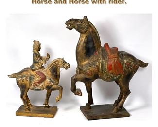 Lot 2107 2pcs Chinese Carved wood Figures. Horse and Horse with rider. 